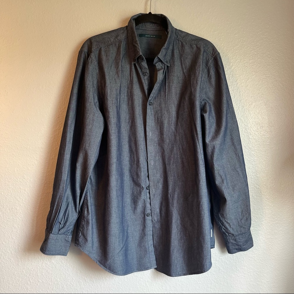 Perry Ellis Mens Blue Textured Denim Like Long Sleeve Button Down